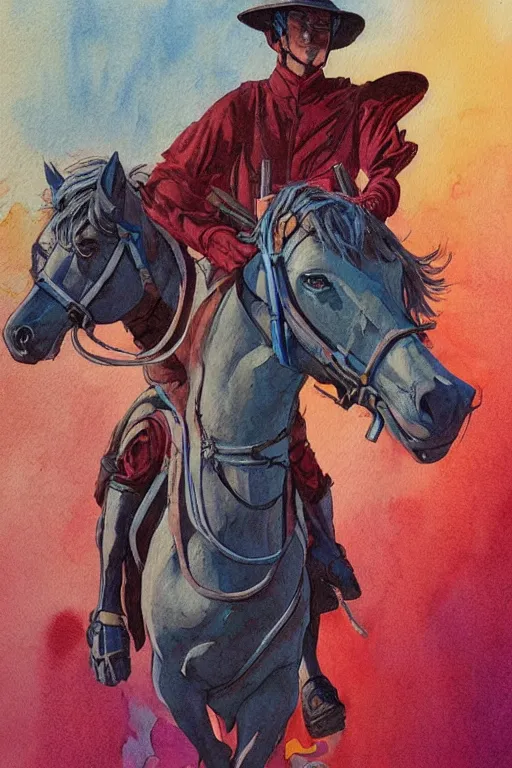 Image similar to fantasy horse rider with hood or hat, scifi, art by moebius, in watercolor gouache detailed paintings, in style of syd mead, colorful comics style, artstation