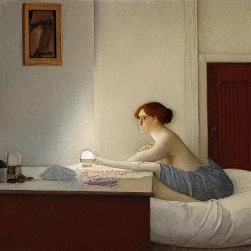 Image similar to a lonely girl in a liminal hotel room, watercolor by hammershøi, limited color palette, very intricate, art nouveau, highly detailed, lights by hopper, soft pastel colors, minimalist