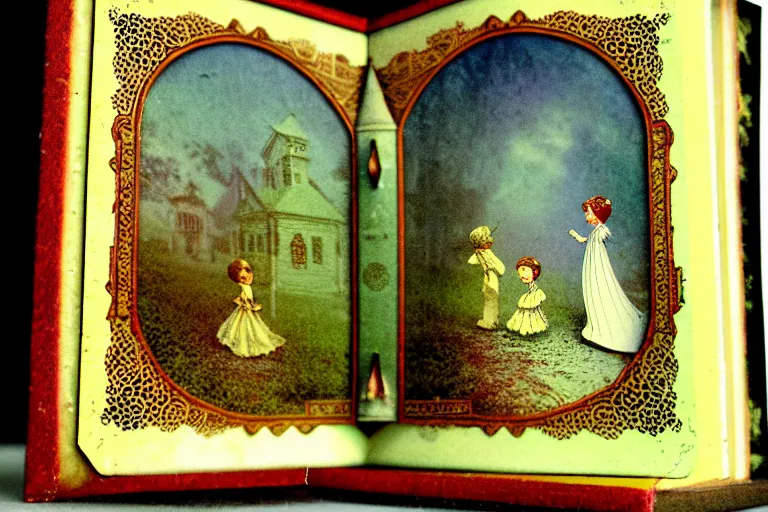 Prompt: layers depth of field. antique victorian popup book childrens story book