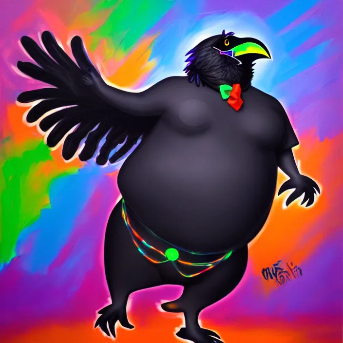 Image similar to a fat anthropomorphic male raven fursona dancing at a rave, furry, oil on canvas, cute, vivid saturation