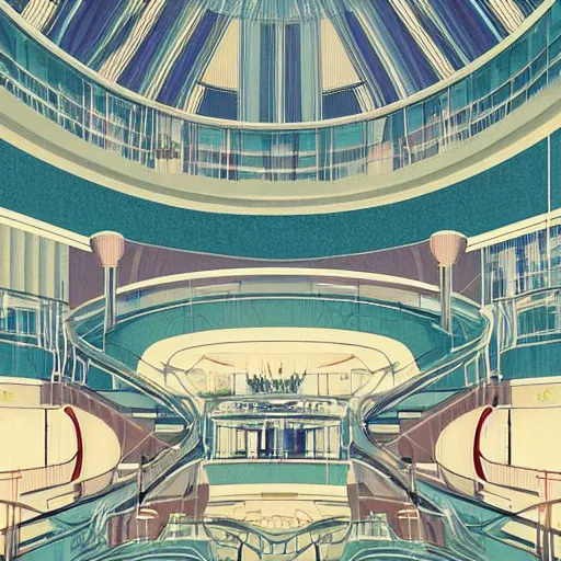 Image similar to art deco illustration of a mall atrium in pastel colors