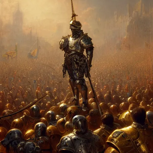 Image similar to artstation concept of a man in armor standing in a crowd gettig cheered, man with arms wide open, bright colorful, gold, hyperdetailed, artstation trending, world renowned artists, worth 1 0 0 0. com, historic artworks society, antique renewel, cgsociety, by greg rutkowski, by gustave dore, deviantart