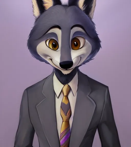 Image similar to oil painting of full body of anthromorphic female wolf, in style of zootopia, zootopia, zootopia, fursona, furry, furaffinity, 4 k, deviantart, furry art, fursona art, wearing black business suit, business suit, in style of zootopia, wolf fursona, cyberpunk, female, expressive detailed feminine face,