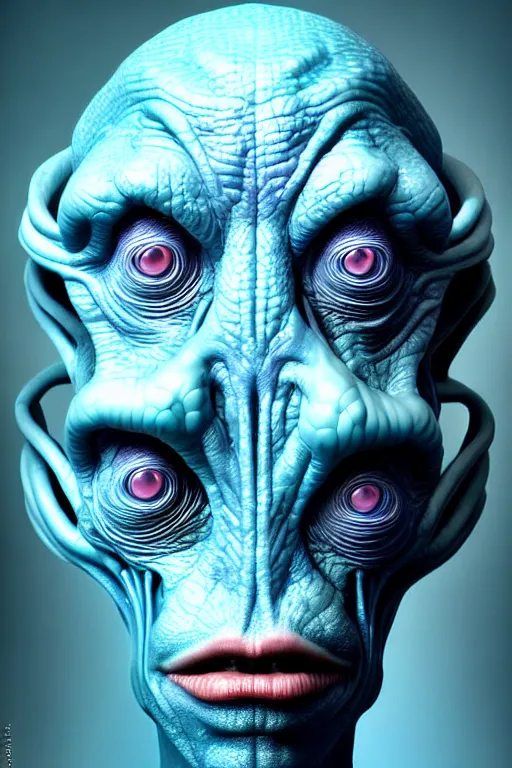 Prompt: hyperrealistic close-up pastel rococo alien! highly detailed concept art eric zener elson peter cinematic hard blue lighting high angle hd 8k sharp shallow depth of field, inspired by David Paul Cronenberg and Zdzisław Beksiński