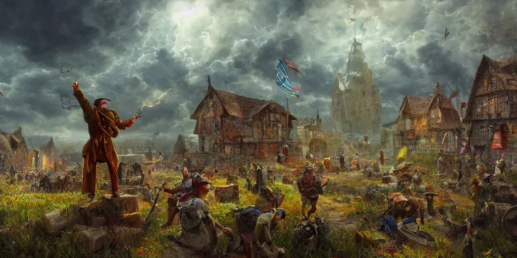 Image similar to and when this happens, and when we allow freedom ring, when we let it ring from every village and every hamlet, from every state and every city, ultrafine highly detailed hyper colorful illustration, sharp focus, rozalski, unreal engine highly rendered, global illumination, radiant light, intricate and detailed environment