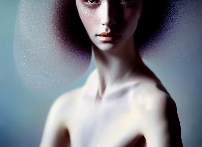 Prompt: cinestill 5 0 d photo portrait of a beautiful hybrid woman in style of paolo roversi by roberto ferri, liquid quartz body intricate detailed, hair are intricate quartz stalactite, 1 5 0 mm lens, f 1. 4, sharp focus, ethereal, emotionally evoking, head in focus, radiant volumetric lighting, pale colors outdoor