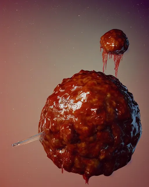 Prompt: Gooey Oily, Gross and Disgusting stunning orbiting Giant fleshy meatball with a tongue sticking out of its mouth. 4D render, soft render, hairy meatball, surreal food by Greg Rutkowsi and Stefan Koidl, artstation