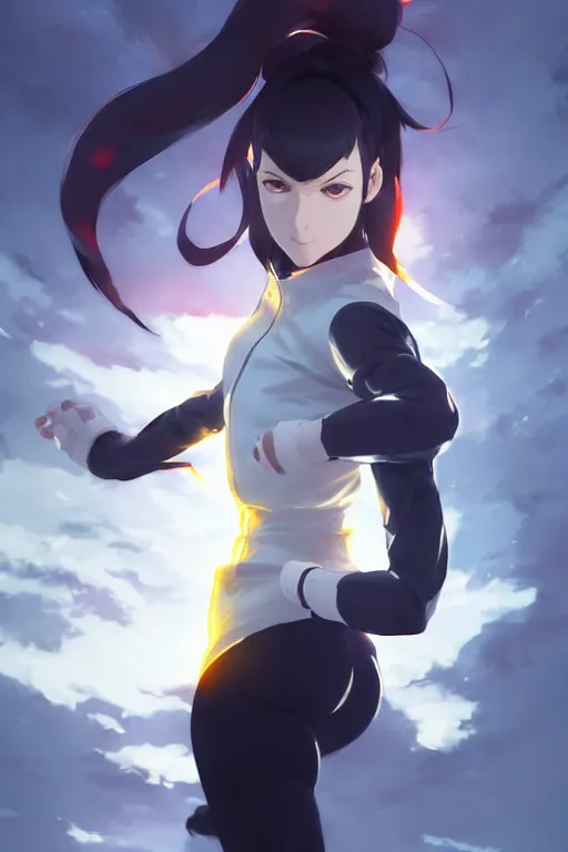 Image similar to black ponytail hair, pale woman in a black zipper jacket, yellow eyes, by artgerm, hair tied in a ponytail, white backdrop, soft lighting, fighting pose, dynamic angle, by greg rutkowski makoto shinkai takashi takeuchi