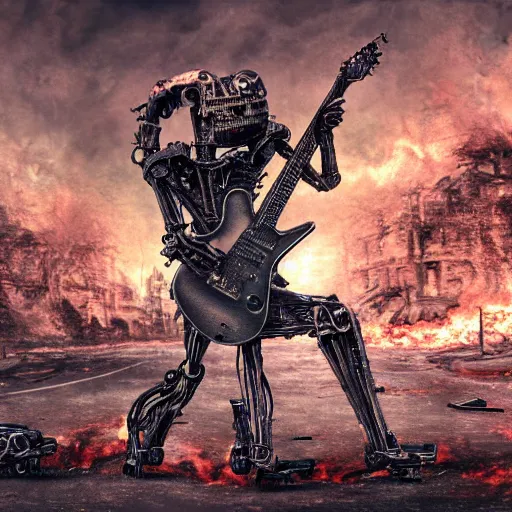 Image similar to death robot shredding guitar, standing in ruined burning street by Yoshitaka Amano, by HR Giger, biomechanical, 4k, hyper detailed, hyperrealism, anime, a Blood Moon rising on a Broken World, deviantart, artstation