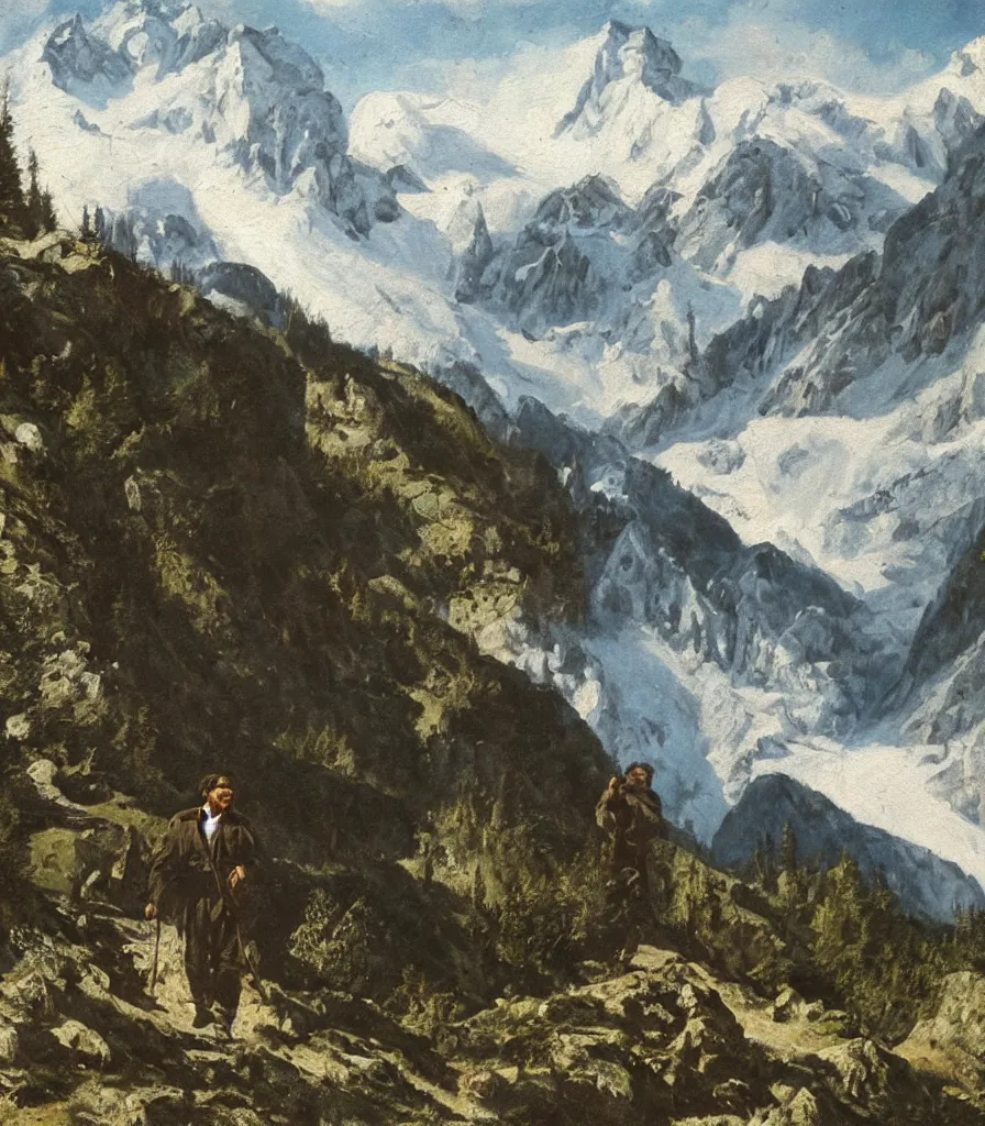 Image similar to Che Guevara wandering aimless arround in the austrian alps. Detailed oil painting by Franz Defregger.