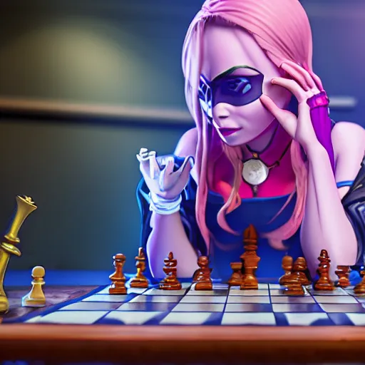 Prompt: Jinx (from Arcane) sitting by a table playing chess