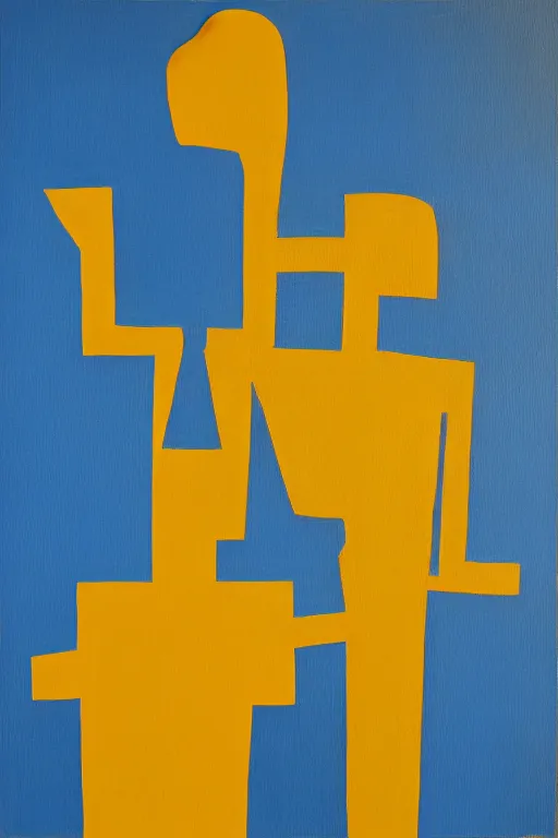 Image similar to neo cubistic painting of two tall figures, sandy yellow muted colors, in the style of Jessalyn Brooks