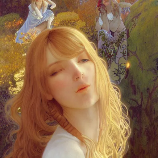 Prompt: A young woman with blonde long hair and bangs in shorts and white shirt drawn by Donato Giancola and Michael Parkes, frank frazetta, alphonse mucha, background by James Jean and gustav klimt, 4k, volumetric lighting, french nouveau, trending on artstation, octane render, hyperrealistic