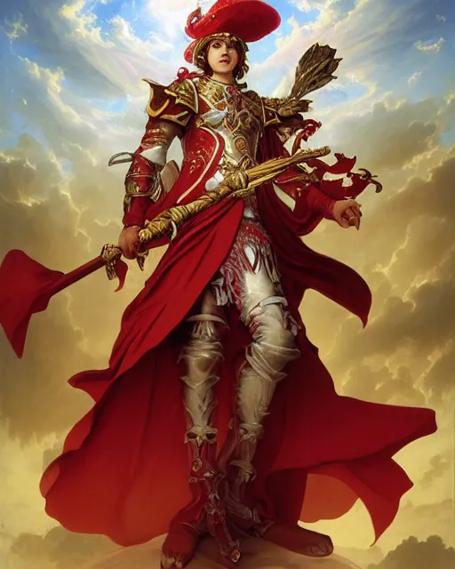 Image similar to A Full View of a Red Mage wearing red white and gold striped magical shining Conquistador armor and a feathered hat holding a staff of power with a gemstone topper surrounded by an epic cloudscape. Magus. Red Wizard. masterpiece. 4k digital illustration. by Ruan Jia and Artgerm and Andreas Rocha and William-Adolphe Bouguereau and Edmund Blair Leighton, award winning, Artstation, intricate details, realistic, Hyperdetailed, 8k resolution