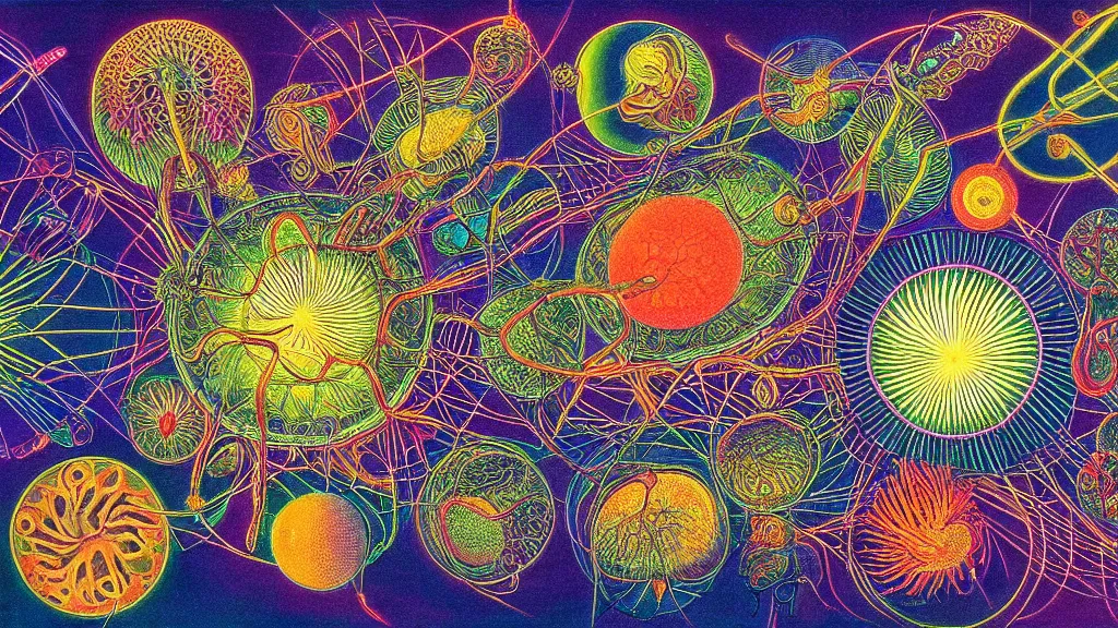 Image similar to quantum connections represented as symbiotic organisms like cells playing around with colorful lights by ernst haeckel, squishy