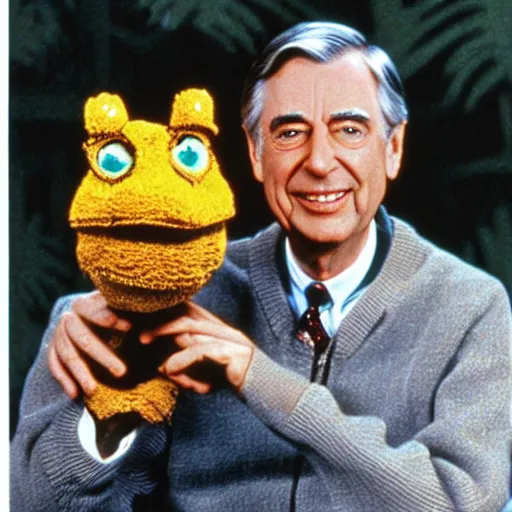 Image similar to mr. rogers with alligator heads instead of hands.