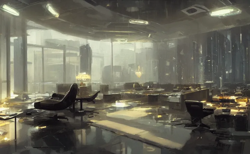 Image similar to a luxury high tech office interior, painting by craig mullins, interior design, octane rendering, warm moody lighting, wide angle lens, low view, in the style of blade runner