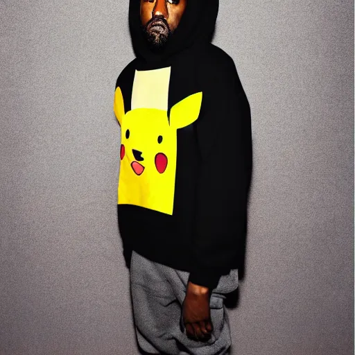 Image similar to Kanye West in a yellow pikachu! hoody, Studio Photograph, portrait C 12.0