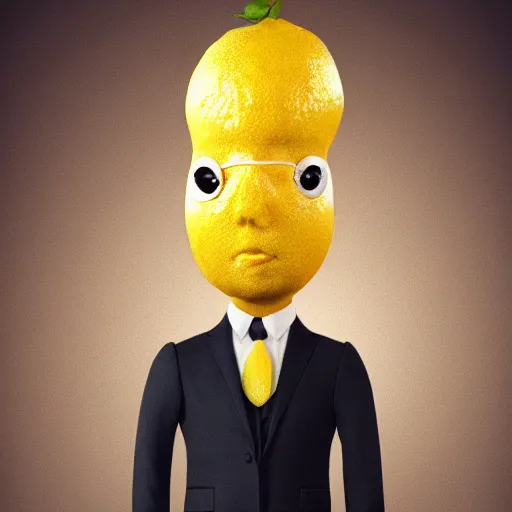 Prompt: A lemon wearing a suit and tie, full body portrait, vintage photo, ultra detailed, creative, dynamic lighting, cinematic, trending on art station