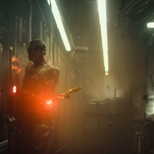 Image similar to augmented human repairing weapon made from old egg beater, dark messy smoke - filled cluttered workshop, dark, dramatic lighting, orange tint, cinematic, highly detailed, sci - fi, futuristic, movie still from blade runner