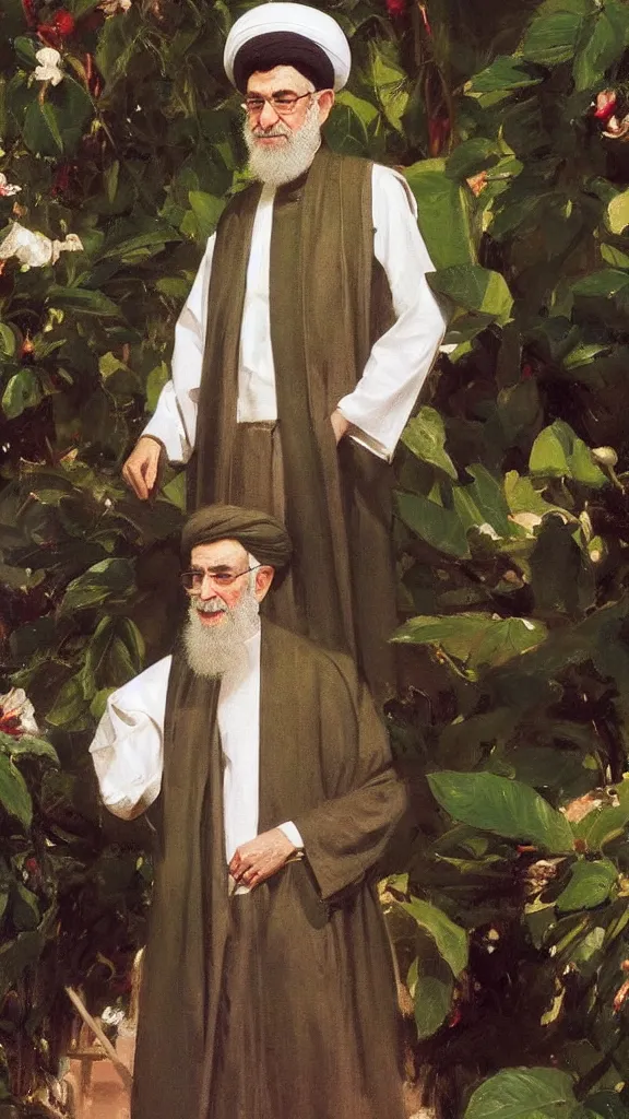 Image similar to an ali khamenei in botanical room by john singer sargent, cinematic, detailed