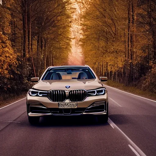 Image similar to a [ bmw 7 ]!! driving on an empty highway at [ night ]!, [ fireworks in the sky ]!!, in a forest, trending on unsplash, [ 4 k photorealism ]!!, [ golden ratio ]!!, centered!!
