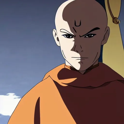 Prompt: Mads Mikkelsen as The Last Airbender, anime, clean, medium shot