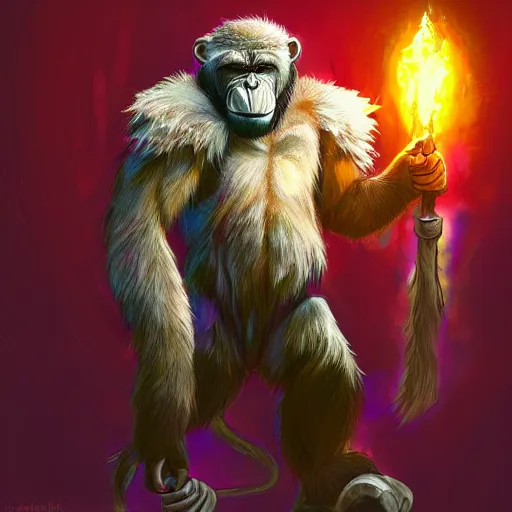 Image similar to fury art, an anthro ape wearing a large cape and a fantasy armor, colorful background, 3 d, 8 k, extremely detailed, trending on furaffinity, trending on artstation, award winning, sharp focus, illustration