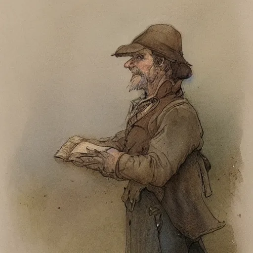 Image similar to portrait of a character standing and facing front looking strait ahead with a muted color watercolor sketch of story book character ifrom the book Baltimore & Redingote by Jean-Baptiste Monge of an old man in the style of by Jean-Baptiste Monge that looks like its by Jean-Baptiste Monge and refencing Jean-Baptiste Monge