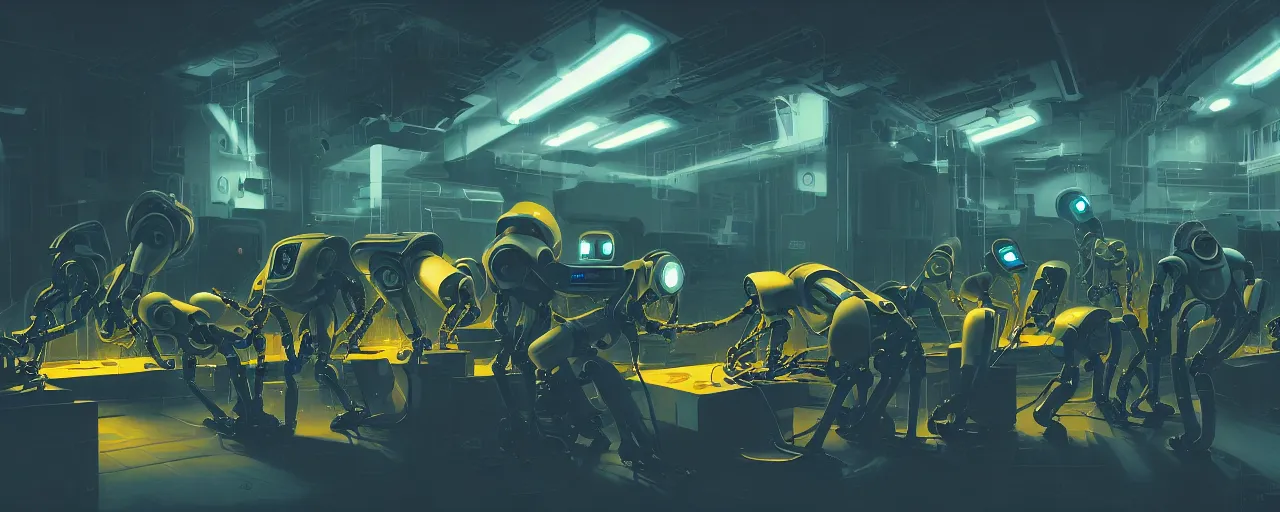 Prompt: duotone dark scifi illustration 3 / 4 portrait of few robots assembling javascript program in a labolatory. cinematic lighting mad scientist style. golden ratio accidental renaissance. by sachin teng and sergey kolesov and ruan jia and heng z. graffiti art, scifi, fantasy, hyper detailed. octane render. concept art. trending on artstation