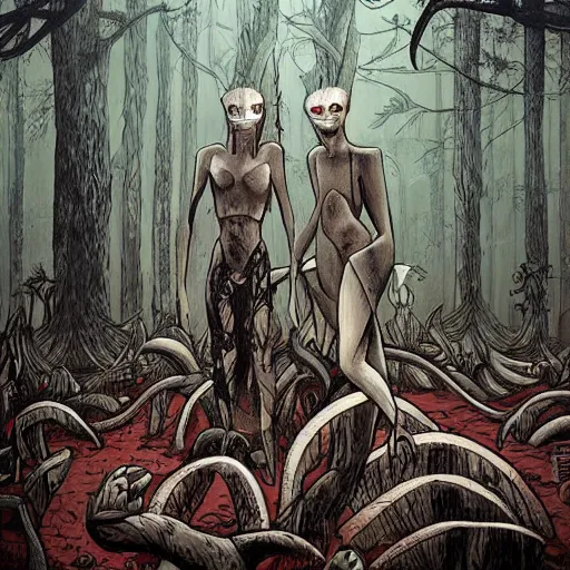 Image similar to sci - fi, hunters of monsters walking in a meat and bone forest, art by oscar chichoni
