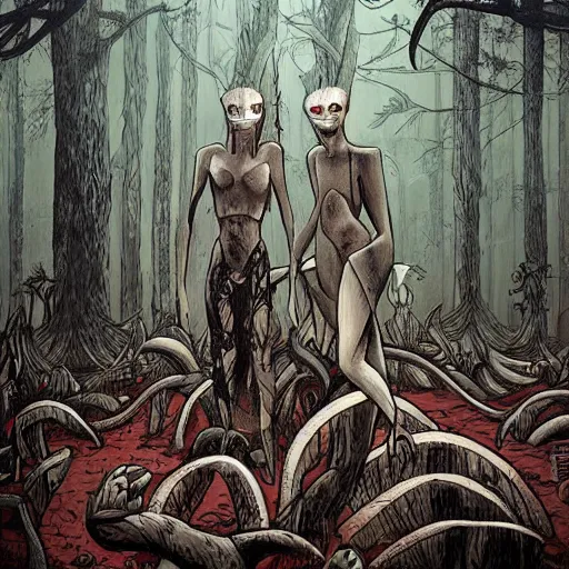 Prompt: sci - fi, hunters of monsters walking in a meat and bone forest, art by oscar chichoni