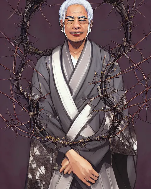 Image similar to an anime portrait of najib razak as a beautiful man wearing a kimono and a crown of thorns from skyrim, by stanley artgerm lau, wlop, rossdraws, james jean, andrei riabovitchev, marc simonetti, and sakimichan, trending on artstation