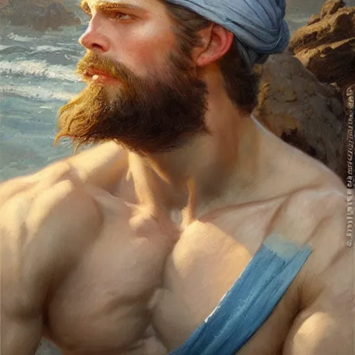 Image similar to detailed cinematic wide shot of sea captain muscular attractive masculine man beard slim face symettrical face clean skin blue eyes white hair, ultra realistic, spring light, painting by gaston bussiere, craig mullins, j. c. leyendecker