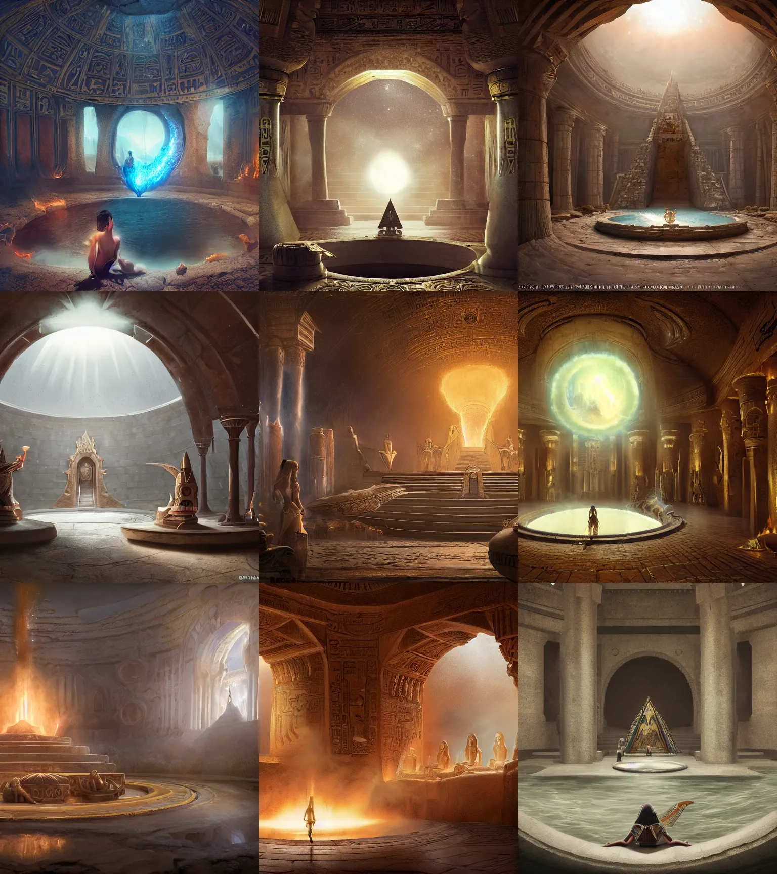 Prompt: fantasy movie scene greg rutkowski digital painting of an ornate and royal egyptian antechamber tomb, a circular pool with an erupting galaxy inside, unreal engine, hyper realism, realistic shading, cinematic composition, blender render, octane render, hdr, detailed textures, photorealistic, ultrawide shot, 3 5 mm film