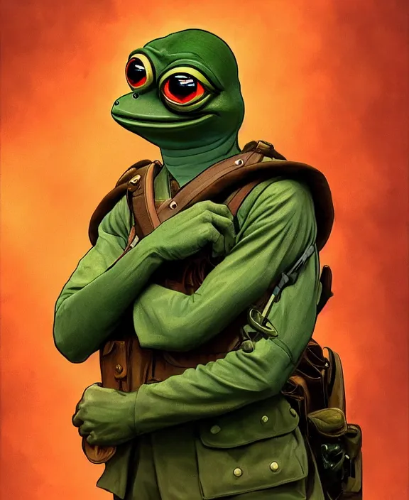 Prompt: Pepe the Frog in WW1 General Uniform, modeling, posing, photorealistic lighting, professional lighting, vibrant colors, maximalism, ultra facial detail, gta 5 skin tone, photorealistic skin tone, Tooth Wu Artgerm Greg Rutkowski Alphonse Mucha Beeple artstation deviantart, 8k, fanart, extreme aesthetic