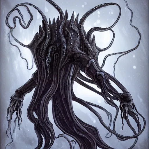 Prompt: concept designs for an end game boss that is an ethereal obsidian ghostly wraith like figure with a squid like parasite latched onto its head and long tentacle arms that flow lazily but gracefully at its sides like a cloak and chains rattling at its sides while it floats around a frozen rocky tundra in the snow searching for lost souls and that hides amongst the shadows in the trees, this character has hydrokinesis and electrokinesis for silent hill video game and inspired by the resident evil game franchise