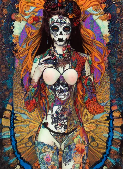 Image similar to cute punk goth fashion fractal Día de los Muertos tattooed girl posing in goth outfit by by Mario Testino, psychedelic poster art of by Victor Moscoso Rick Griffin Alphonse Mucha Gustav Klimt Ayami Kojima Amano Charlie Bowater, masterpiece