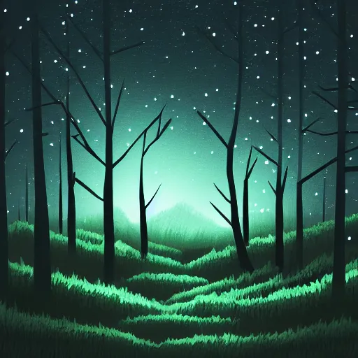 Image similar to A dark forest in the night from where you can see the Orion Nebula in the sky, digital illustration highly detailed, elegant, faint dynamic lighting, 4K