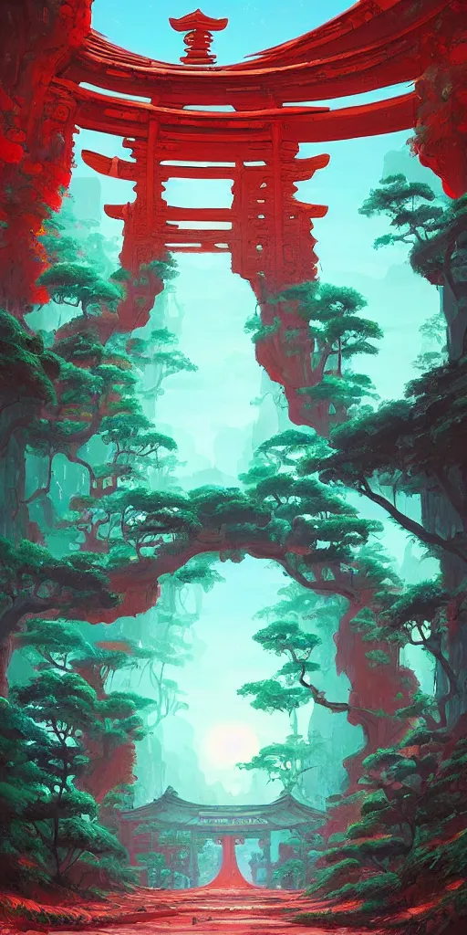 Image similar to the red torii gate!!! a highly detailed cinematic oil painting by roger dean and alena aenami, dynamic lighting