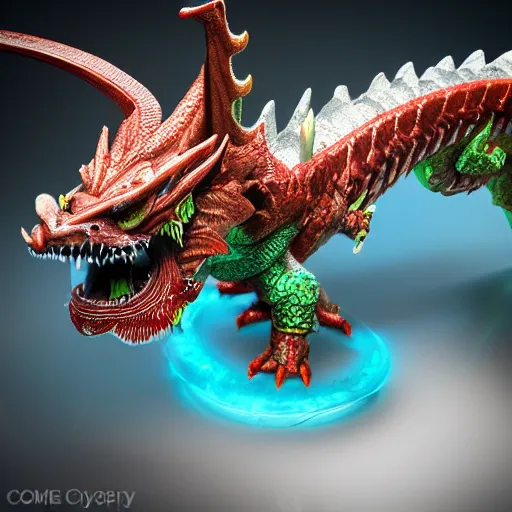 Prompt: closeup 3 d toy dmt chinese bestiary dragon as funco toy, war cry, plastic, sss, octane 4 k render, studio lighting, artstation, cyan photographic backdrop, 1 0 5 mm, f 2. 8 aperture