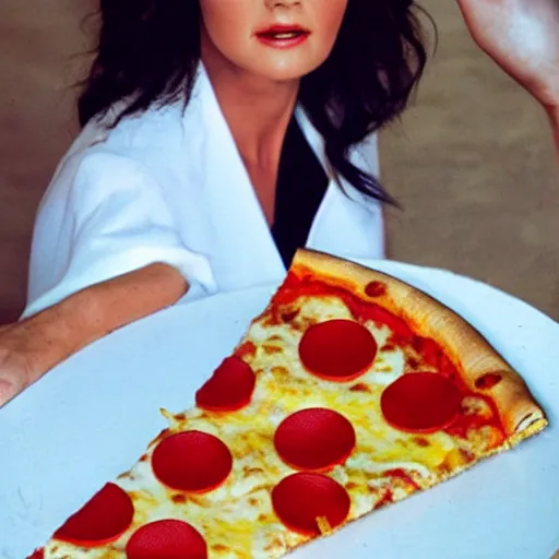 Prompt: a slice of pizza as catherine zeta jones