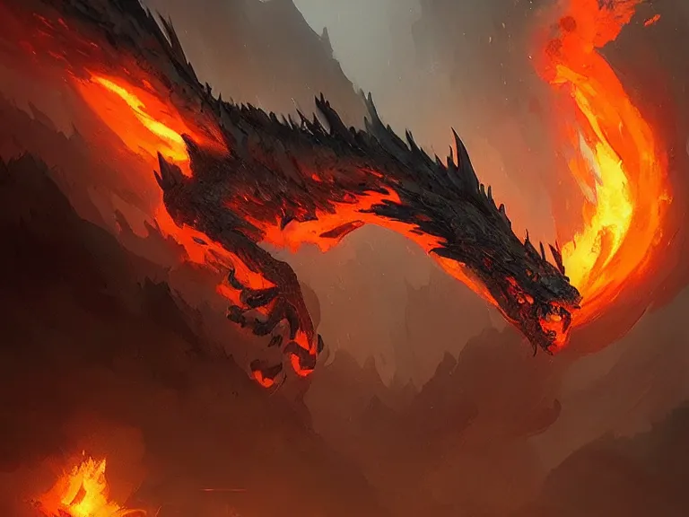 Image similar to mysterious fire dragon, concept art by Greg Rutkowski, artstation, cgsociety