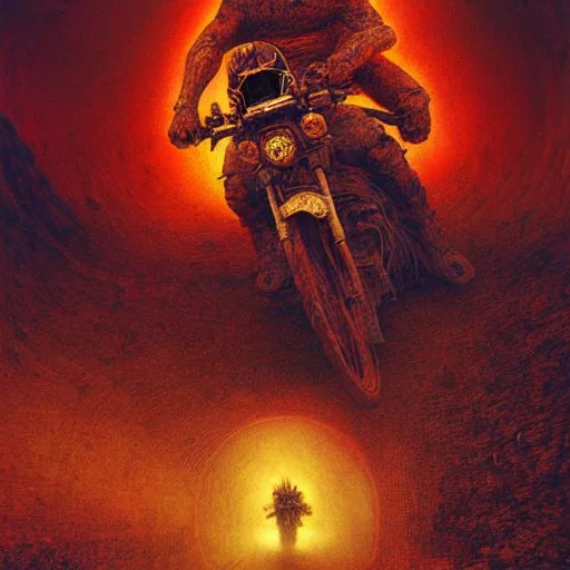 Prompt: motorbikers race in hell, pursued by demons, beksinski and tristan eaton, dark neon trimmed beautiful dystopian digital art