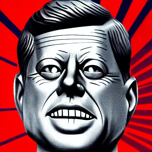 Prompt: jfk with robotic metallic skin and red eyes and an evil grin standing on top of the eye of providence, realistic photography, high detail
