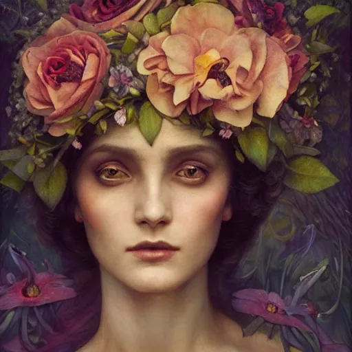 Image similar to flower queen, by annie swynnerton and tino rodriguez and tom bagshaw, dramatic lighting, floral tattoos, rich colors, smooth sharp focus, extremely detailed, adolf wolfli