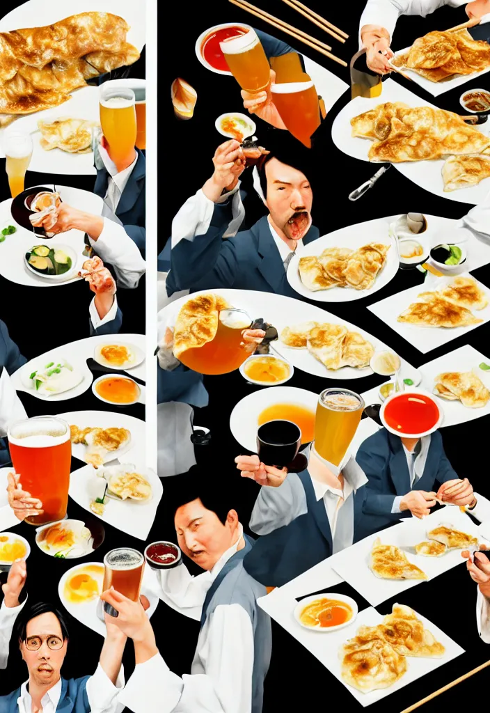 Image similar to businessmen eating gyoza and drinking beer at a nighttime izakaya in shinbashi tokyo, japan, a collage painting, in the style of wes anderson, lola dupre, david hockney, isolated on negative white space background dark monochrome fluorescent neon spraypaint accents volumetric octane render