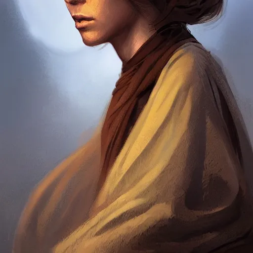 Image similar to portrait of a woman by greg rutkowski, jedi knight allana solo, straight brown hair, jedi robes, star wars expanded universe, she is about 2 0 years old, wearing jedi robes, highly detailed portrait, digital painting, artstation, concept art, smooth, sharp foccus ilustration, artstation hq