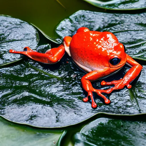 Prompt: photograph of a red frog on a lily pad in a swamp