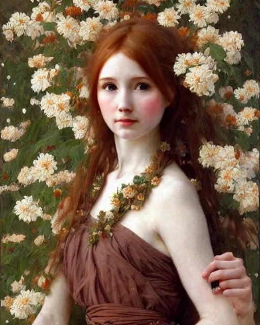 Image similar to a realistic oil painting of a girl resembling karen gillan, covered in flowers, highly detailed, intricate, artstation, by mucha, by william adolphe bouguereau, by waterhouse